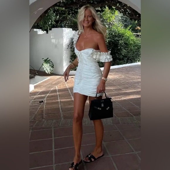 ZARA NWT White Draped Ruched Linen Ruffle Strap Contour Bodycon Tie Mini Dress - Picture 10 of 17